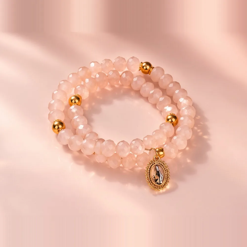 Rosario Rosa Palo: murano rosa palo con pepas doradas y medalla dorada de la Virgen Milagrosa
